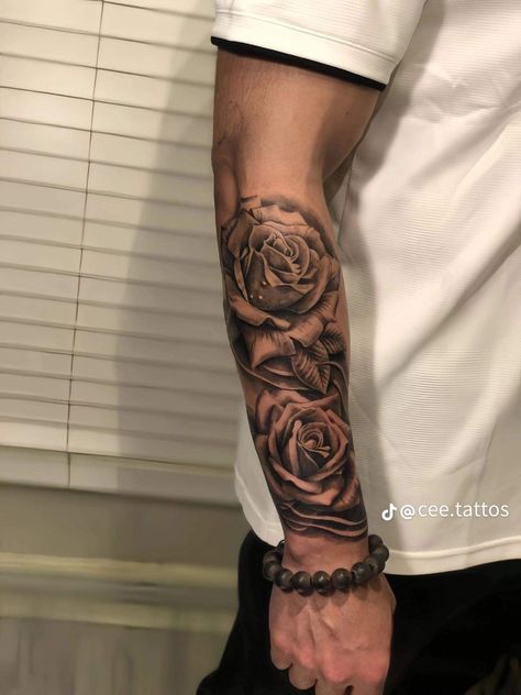 Flower Forearm Tattoo Men, Hope Tattoo Men, Men Forearm Tattoos Ideas Design, Forarm Sleeve, Front Arm Tattoo Men, Men’s Half Sleeve Tattoo Forearm, Roses Tattoo Sleeve, Tattoo Sleeve Ideas For Men, Tattoo Forearm Sleeve