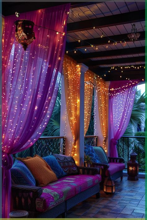 Boho Patio Decor, Bohemian Patio, Tropical Luxury, Purple Home Decor, Silk Fabrics, Sari Silk, Dream House Decor, My New Room, Dream Home Design