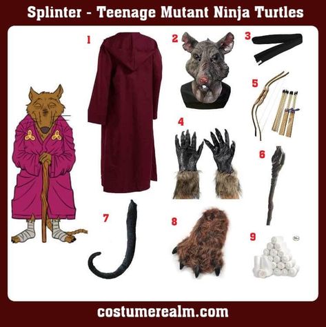 Teenage Mutant Ninja Turtles Master Splinter Costume, Splinter Costume, Gandalf Staff, Ninja Turtles Splinter, Wooden Bow And Arrow, Teenage Mutant Ninja Turtles Costume, Ninja Turtles Costume, Master Splinter, Costume Guide