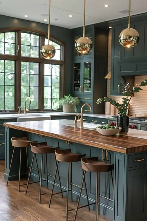 Dark Green And Gold Kitchen, Green And Gold Kitchen Ideas, Green Gold Kitchen, Modern Green Kitchen, Kitchen Island Green, Modern Gold Kitchen, Green Kitchen Island, Green Kitchens, Green Kitchen Designs