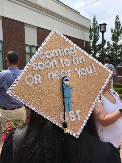 Surgical technology graduation cap! #surgtech #scrubin Surgical Nurse Graduation Cap, Operating Room Nurse Graduation Cap, Scrub Tech Graduation Cap, Surgical Technologist Graduation Photos, Surgical Tech Cap Decoration, Surgical Technologist Graduation Cap, Surg Tech Grad Cap, Graduation Cap Designs Surgical Tech, Surgical Tech Photoshoot