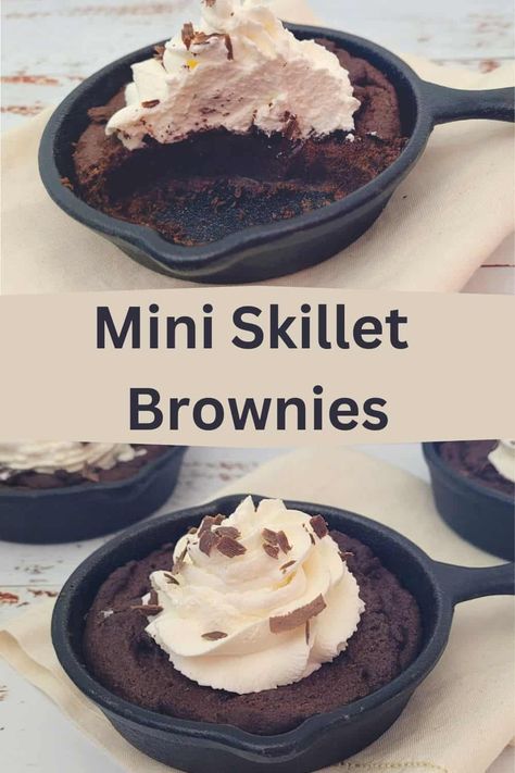 This recipe for Mini Skillet Brownies creates a dish that is relatively simple to make and delicious! A gooey brownie served in individual cast iron skillets make for an ideal rustic dessert. via @https://www.pinterest.com/DessertsWithStephanie/ Skillet Recipes Dessert, Brownie Recipies, Skillet Brownie Recipe, Single Serve Brownie, Small Cast Iron Skillet, Skillet Desserts, Skillet Brownie, Skillet Cake, Rustic Dessert