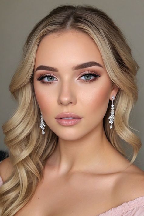 Make Up Prom Blue Eyes, Brown Makeup Looks For Blue Eyes, Angelic Glam Makeup, Light Bridal Makeup Blue Eyes, Christmas Makeup For Blue Eyes, Bridal Makeup Bold Eyes, Bridal Winged Eyeliner, Full Glam Blue Eyes, Bridal Makeup Pink Eyeshadow