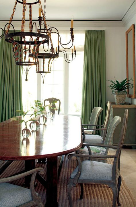 Sea Island, Georgia vacation home designed by Billy Roberts Ceiling Coffers, Dramatic Curtains, Square Dining Room Table, Foyer Ceiling, Ceiling Molding, Ceiling Drapes, Trey Ceiling, Ceiling Details, Green Drapes