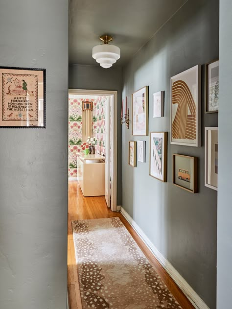 Wallpaper One Wall Hallway, Dark Narrow Entryway Ideas, Runner Rug On Tile, Paint Colours For Dark Hallway, Green Paint Hallway Ideas, L Shape Hallway Ideas, Narrow Dark Hallway Decorating, Small Hallway Design Ideas, Paint Colors For Dark Hallways