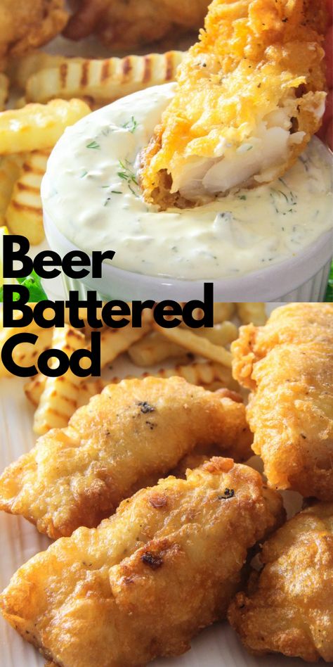 Beer Battered Cod Recipes, Beer Batter Cod, Fried Cod Fish Recipes, Marinated Cod, Fish And Chips Batter, Fried Cod Fish, Fried Fish Recipe, Beer Battered Cod, Battered Cod