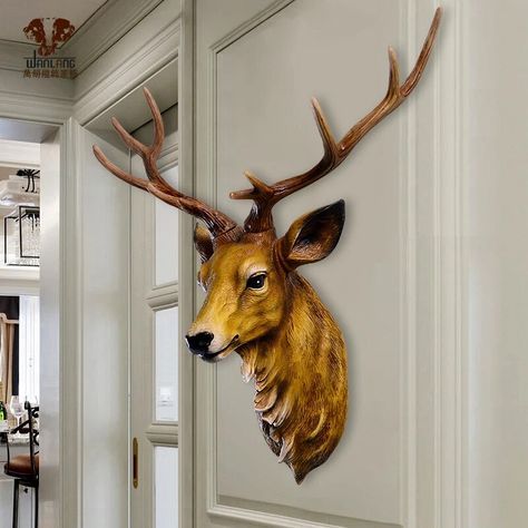 Animal Head Wall Decor, Head Decoration, Animal Head Wall, Porch Living, Retro Living Rooms, Living Room Background, Room Background, Animal Head, Deer Head