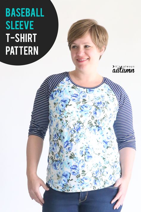 Cute free sewing pattern for this baseball sleeve t-shirt! Raglan tee sewing pattern. #itsalwaysautumn #sewing #sewingpattern #raglantshirt Raglan Tee Pattern, Sewing Classes For Beginners, Tips Menjahit, Shirt Patterns For Women, Sewing Patterns Free Women, T Shirt Sewing Pattern, Plus Size Sewing Patterns, Shirt Sewing, Plus Size Sewing