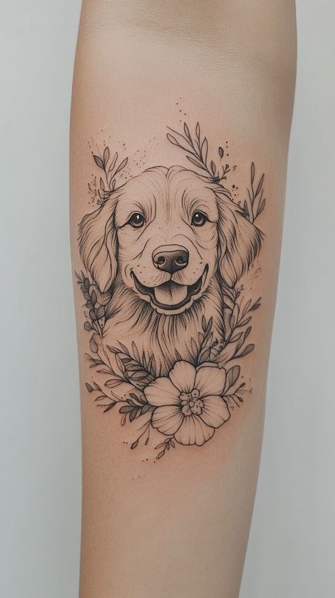 Lion Dog Tattoo, Oakley Tattoo, Full Body Tattoo Ideas, Bold Tattoo Designs, Golden Retriever Tattoo, Pet Portrait Tattoos, Corgi Tattoo, Retriever Tattoo, Dog Portrait Tattoo