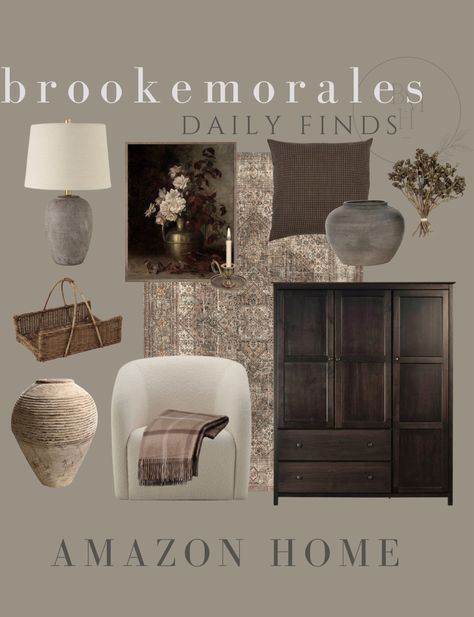 Mountain Home Mood Board, Rustic Style Mood Board, Brooke Morales Home, Rustic Living Room Mood Board, Brown Moodboard Interior Design, Moody Neutral Living Room, Organic Living Room Decor, Amazon Living Room, Amber Interiors Sectional