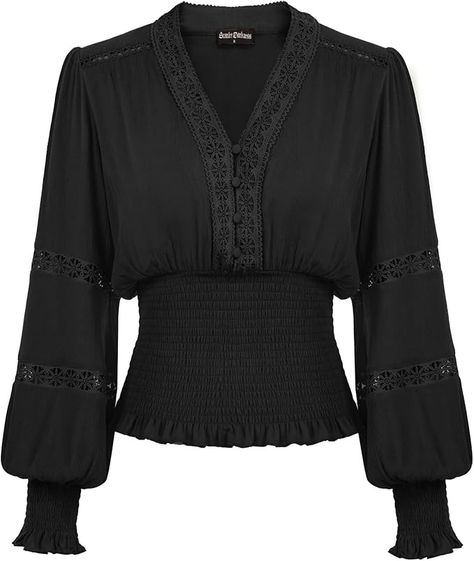 Women's Renaissance Peasant Blouse Puff Sleeve Boho Shirts Pirate Tops Black Medium at Amazon Women’s Clothing store Smocked Blouse, Smock Blouse, Smock Top, Retro Women, Women Shirts Blouse, Peasant Blouse, Lantern Sleeve, Blouse Vintage, Lantern Sleeves