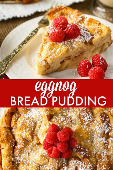 Eggnog Bread Pudding - Serve it warm from the oven with a big glass of eggnog. Each bite practically melts in your mouth. Eggnog Bread Pudding, Eggnog Bread, Easy Pudding, Eggnog Dessert, Perfect Christmas Dessert, Easy Puddings, Christmas Bread, Eggnog Recipe, Bread Pudding Recipe