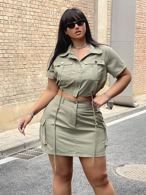 Green Casual Collar   Plain  Embellished Non-Stretch  Women Plus Clothing Co Ords Outfits Summer, Cargo Skirt Outfit, Plus Size Summer Casual, Co Ords Outfits, Solid Color Jumpsuits, Skirt Casual, Crop Top Skirt, Plus Size Jumpsuit, Co Ords