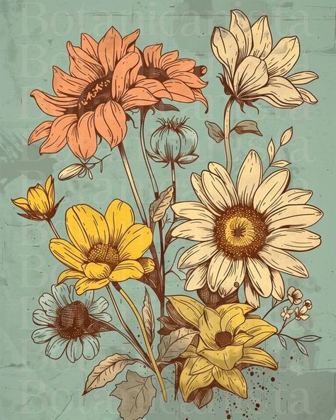 vintage retro illustration Botanical Prints 🌼 Immerse Your Space in Enduring Botanical Elegance! 🌿 Elevate your surroundings with our Digital Download Bundle, featuring 6 captivating vintage retro illustration in goldenrod, sky blue, soft lavender. Immerse yourself in the timeless charm of nature, as showcased by sunflowers, poppies, tulips. 🌺 What's Included: Uncover 6 digital images presenting unique flower arrangements, meticulously crafted for printing up to 16"x20" in a stunning 7680x9600 resolution. Also works for 8x10. You may crop the images to an aspect ratio you like, but I cannot guarantee it will look as good as the 16X20 or 8X20 they are designed for. This purchase includes Personal usage for in physical prints or usage as digital backgrounds is included in purchase. This p Vintage Retro Illustration, Unique Flower Arrangements, Soft Lavender, Illustration Botanique, Blue Soft, Retro Illustration, Unique Flowers, Botanical Flowers, Vintage Botanical