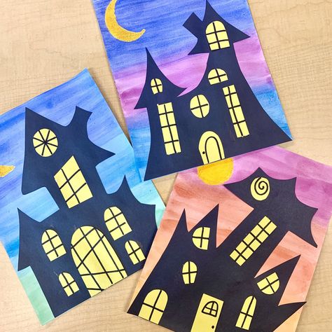 Haunted House Halloween Art Project — Mme Marissa Halloween Art For Ks2, Graham Cracker Haunted House, Halloween Crafts For Upper Elementary, Halloween Art Ks2, Halloween Art 2nd Grade, Halloween Art Grade 2, Haunted House Art For Kids, Haunted House Craft Preschool, Halloween Crafts 3rd Grade