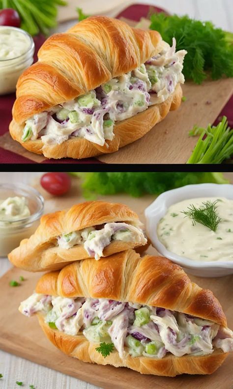 Chicken Crossiant Sandwich, Clubhouse Sandwich Recipe, Chicken Salad On Croissant, Chicken Salad Croissant Sandwich, Sophisticated Recipes, Ultimate Chicken Salad, Chicken Salad Croissants, Filled Croissants, Clubhouse Sandwich