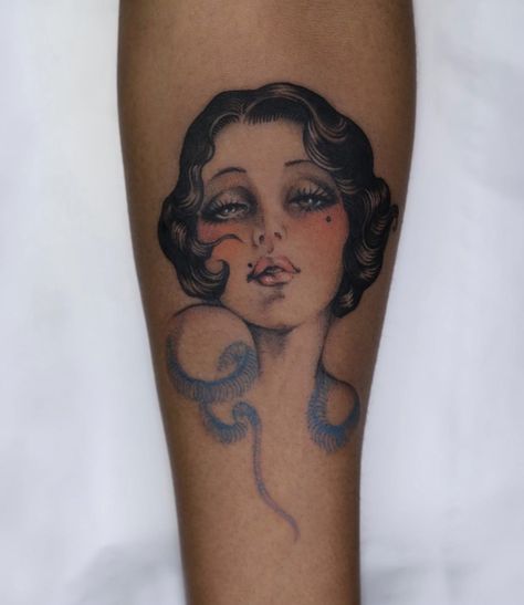 Flapper Tattoo Traditional, Curly Hair Woman Tattoo, Pop Surrealism Tattoo, 1920s Woman Tattoo, 1960s Tattoo Ideas, Back Tattoos American Traditional, Tattoo Of A Woman Silhouette, Bubblegum Traditional Tattoo, Tattoo Of A Woman Face