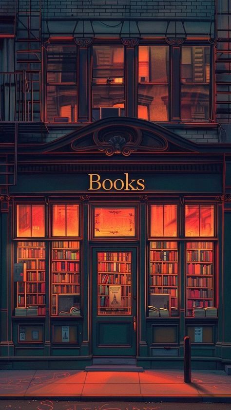 Bookstore Art Illustration, Vintage City Aesthetic, Bookstore Wallpaper, Fantasy New York, Cozy Book Aesthetic, Bookshop Illustration, Bookstore Painting, Bookstore Illustration, Bookstore Window