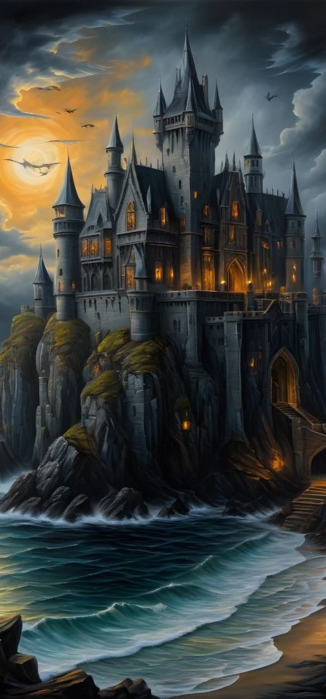 The Kings Castle Sea Castle Fantasy Art, Seaside Castle Fantasy Art, Underwater Castle Fantasy Art, Ocean Castle Fantasy Art, Castle Overlooking Ocean, Dark Castle, Puppet Show, Fantasy Castle, Atlantic Ocean