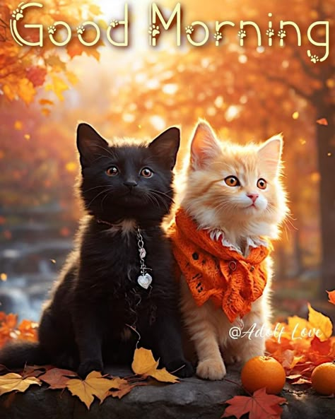 Good Morning Autumn Images, Good Morning Fall Images, Animated Good Morning, Fall Good Morning, Good Morning Cats, Good Morning Fall, Saturday Good Morning, Thanksgiving Cat, Monday Cat