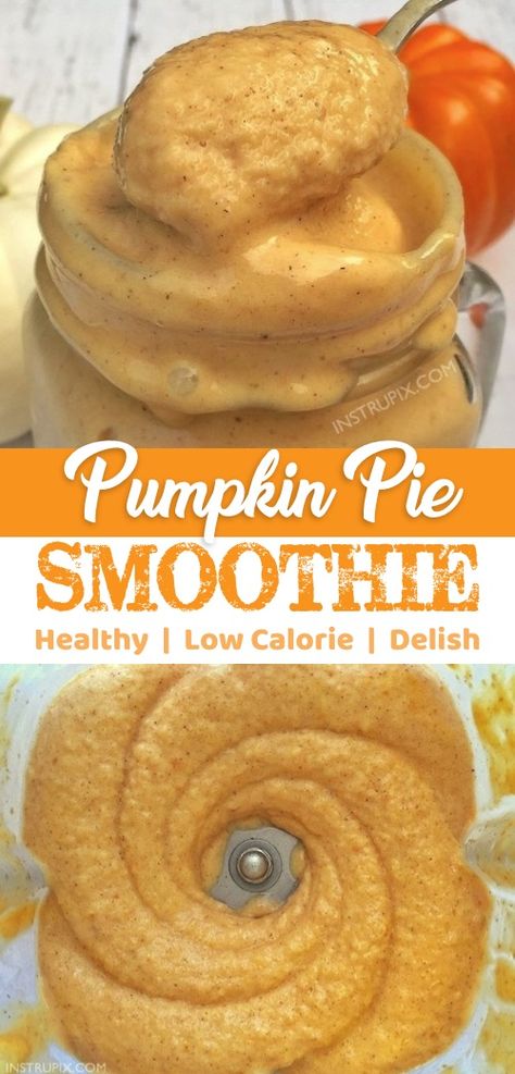 Looking for healthy Fall recipes but it's still hot outside? This low calorie pumpkin pie smoothie is super easy and tasty! It's made with simple ingredients: pumpkin puree, greek yogurt, frozen banana, milk, honey and cinnamon. It's packed full of protein and vitamins, but feels like you're eating dessert. #fall #pumpkinpie #autumn #smoothie #instrupix Low Calorie Pumpkin Pie, Pumpkin Smoothie Healthy, Healthy Fall Recipes, Low Calorie Pumpkin, Smoothie Easy, Cleaning Eating, Yogurt Frozen, Pumpkin Puree Recipes, Healthy Pumpkin Pies