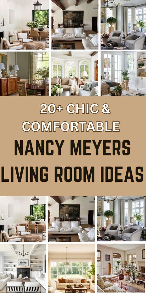 Transform your living room with the timeless charm of Nancy Meyers' design style using our Nancy Meyers Living Room Ideas! 🎬✨ 

Embrace cozy, inviting spaces filled with elegant, neutral color palettes, plush seating, and layered textiles. Incorporate vintage-inspired furnishings, tasteful decor accents, and plenty of natural light to create a warm, sophisticated atmosphere. 

Think oversized sofas, chic coffee tables, built-in bookshelves, and carefully curated art pieces. Achieve that effortlessly stylish look with thoughtful details and a blend of comfort and elegance. Turn your living room into a cinematic retreat reminiscent of Meyers' beloved movie sets! 

#NancyMeyersStyle #LivingRoomDecor #InteriorDesign #CozyLiving #ElegantInteriors #HomeImprovement #TimelessDecor Mixing Chairs In Living Room, Kristen Mcgowan Decor, Repurpose Formal Living Room Ideas, Sitting Room Off Kitchen, Comfortable Living Room Ideas, Southern Living Rooms, Layered Textiles, Traditional Style Living Room, Modern Traditional Living Room