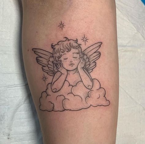 Tattoos For Happiness, Angel On A Cloud Tattoo, Angel Tattoo With Clouds, Cloud Angel Tattoo, Cherub Cloud Tattoo, Angel Tattoo Cherub, Angel And Clouds Tattoo, Angel In Clouds Tattoo, Cherub On Cloud Tattoo