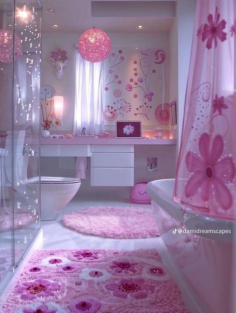 Pink Y2k Bathroom, 2000 House Decor, Y2k Bathroom Aesthetic, Y2k Apartment Aesthetic, Pink Set Up, Frutiger Aero Bathroom, 2000s Bathroom, Y2k Bathroom, Room Y2k