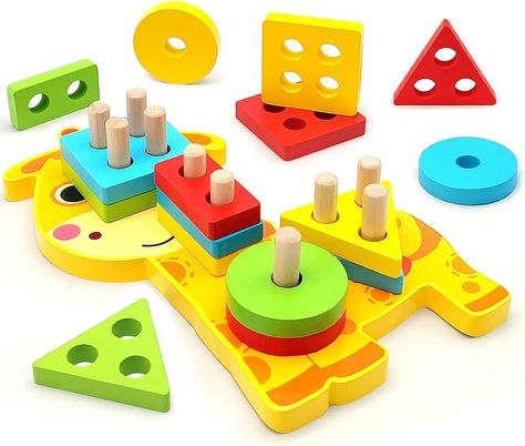 Montessori Toys for 1 2 3 4 Year Old Boy Girl, Sensory Wooden Sorting and Stacking Toy for Toddlers 1-3, Educational Learning Toy for Baby, Color Recognition Shape Sorter Wooden Puzzles Diy Montessori Toys, Wooden Educational Toys, Baby Color, Shapes Preschool, Educational Toys For Toddlers, Travel Toys, Stacking Toys, Wooden Shapes, Developmental Toys