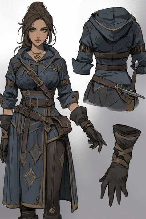 Older Female Character Design, Dnd Clothes Reference, Rogue Clothes, Fantasy Clothing Concept Art, Female Assassin Character Design, Dnd Winter Clothes, Female Armor Design, Adventure Clothes Fantasy, Character Design Casual