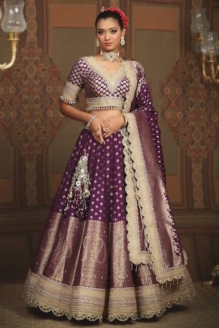 Buy Gold Blouse Net Embellished Mirror V Neck Gota Work Bridal Lehenga Set For Women by Abhinav Mishra Online at Aza Fashions. Anita Dongre Banarasi Lehenga, Purple Banarasi Lehenga, Banarasi Lehenga Sabyasachi, Lehenga With Border, Banarasi Bridal Lehenga, Banaras Lehenga, Sabyasachi Dresses, Bandhani Lehenga, Sabyasachi Lehenga Bridal