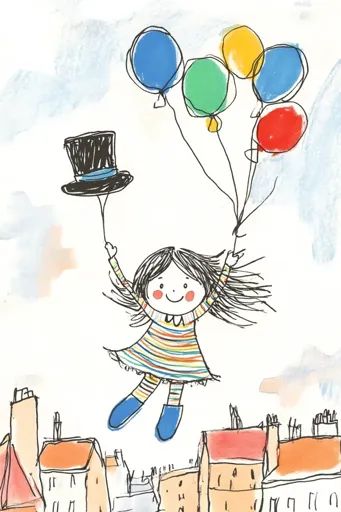 ↑↑↑ Larger size on website 🔸 A cheerful girl with long hair is flying in the sky holding onto a bunch of colorful balloons. She i Flying In The Sky, Flying Balloon, Girl Drawing Easy, Its A Girl Balloons, Colorful Balloons, Black Top Hat, Fluffy Clouds, Red Roof, Colourful Balloons