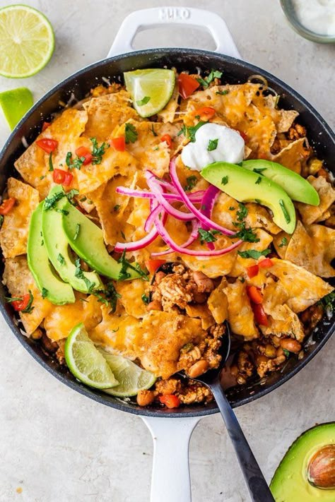 Turkey Taco Skillet, an easy one-pan weeknight dinner using ground turkey, corn, pinto beans and salsa topped with tortilla chips and cheese. #onepan #taco #groundturkeyrecipes #healthyrecipes Turkey Taco Skillet, Turkey Taco Lettuce Wraps, Noom Recipes, Taco Skillet, Taco Lettuce Wraps, Ground Turkey Tacos, Turkey Enchiladas, Turkey Taco, Poultry Dishes