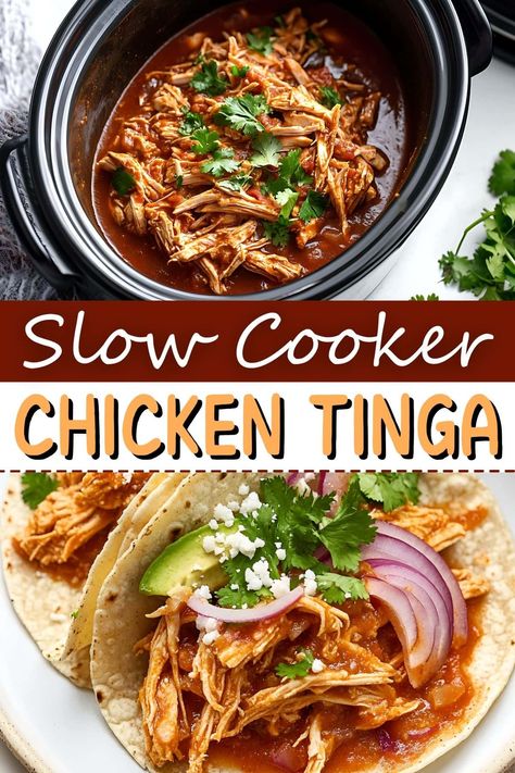 Chicken Tinga Slow Cooker, Crockpot Chicken Tinga Recipe, Mexican Chicken Slow Cooker Recipes, Mexican Chicken Slow Cooker, Latin Crockpot Recipes, Healthy Crockpot Chicken Recipes Slow Cooker, Set It And Forget It Recipes Crock Pot, Mexican Chicken Recipes Crockpot, Crockpot Chicken Recipes Mexican