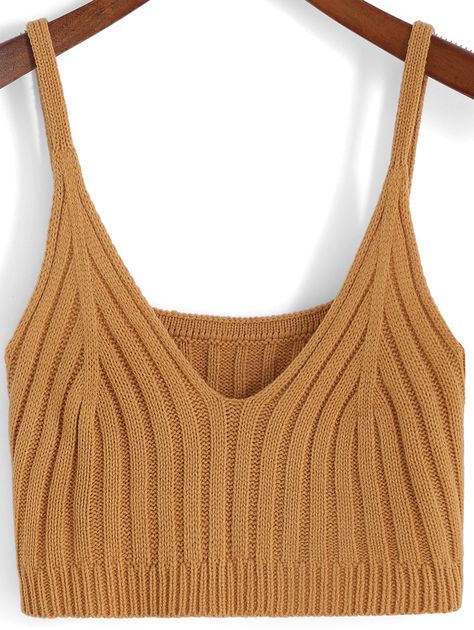 Khaki Spaghetti Strap Knit Cami Top -SheIn(Sheinside) Summer Tanks, Knitwear Details, Shabby Chic Clothes, Boho Crop Tops, Ootd Ideas, Women Tank Tops, Knit Tank Top, Summer Tank, Summer Tank Tops