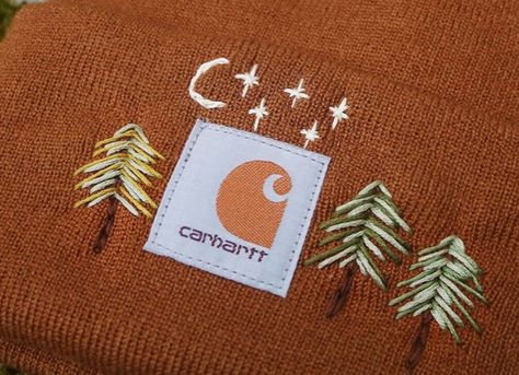 Embroider Hat Diy, Carhartt Hat Embroidery Diy, Embroidery Present Ideas, Beanie Hand Embroidery, Male Embroidery Designs, Embroidery Beanie Ideas, Manly Embroidery Ideas, Embroidered Carhartt Beanie Diy, Hand Embroidery Carhartt Beanie