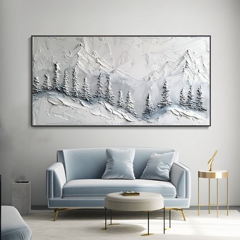 Serene Snowy Mountain Textured Oil Painting Grey White Mountainous Landscape Wall Art Pine Tree Winter Nature Scenery Creative Masterpieces - Etsy Acrylic Painting Winter, Horizontal Artwork, Mountain Texture, Wabi Sabi Art Painting, Wabi Sabi Painting, Painting Mountains, Mountains And Trees, Mountainous Landscape, Snowy Scene