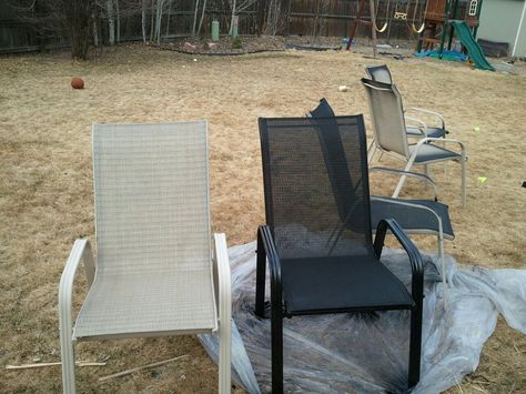 Before, after, and during pics of using rustoleum for plastic to face-lift our old, rusted sling -back chairs. Off-white is the before, black is the after. Now we have SIXTEEN patio chairs. Get ready for summer parties!!!! Fix Outdoor Chairs, How To Fix Patio Chairs, Aluminum Lawn Chair Makeover, Plastic Lawn Chair Makeover, Spray Paint Mesh Patio Chairs, Wooden Lawn Chairs, Paint Chairs, Patio Decorations, Patio Furniture Makeover