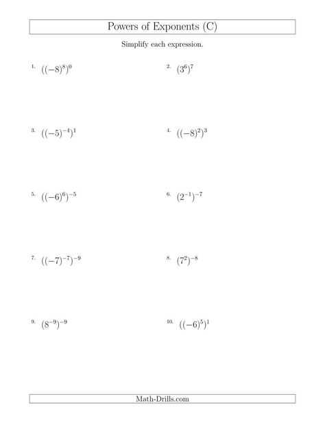 The Powers of Exponents (With Negatives) (C) Math Worksheet from the Algebra Worksheets Page at Math-Drills.com. Basic Algebra Worksheets, Negative Exponents, Exponent Rules, Exponent Worksheets, Basic Algebra, Math Drills, Algebraic Expressions, Algebra Worksheets, Missing Numbers