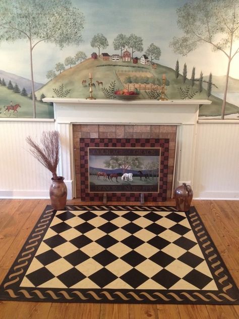 Primitive Wall Murals, Colonial Mural, Fireplace Mural, Colonial Fireplace, Art Fireplace, Dining Room Murals, Painted Floor Cloths, Mural Stencil, Primitive Painting