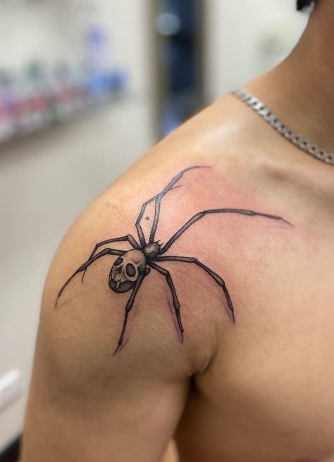 100 Wonderful Spider Tattoos ( The Newest Gallery) Spider Shoulder Tattoo Men, Spider Tatoos Ideas, Spider Tattoo On Shoulder, Shoulder Spider Tattoo, Spider Leg Tattoo, Spider Shoulder Tattoo, Spider Tattoo Shoulder, Spider Tattoos For Men, Spider Back Tattoo