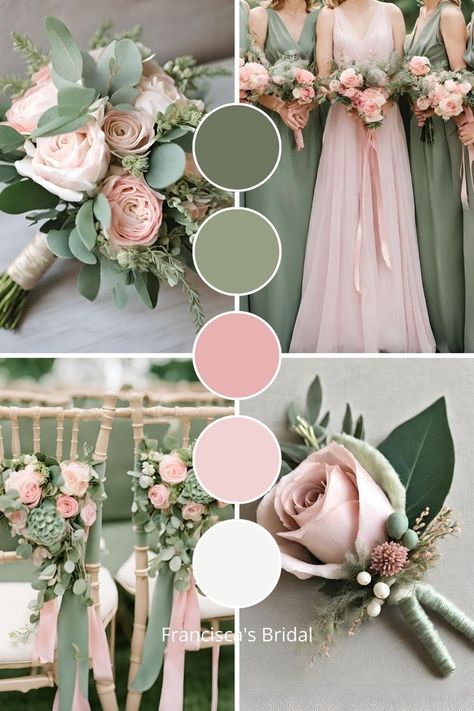 Dusty Rose And Sage Green Wedding Bridal Party, Sage And Pink Color Scheme, Wedding Colors Sage And Blush, Dusty Sage And Blush Wedding, Color Palette For Sage Green Wedding, Sage Green Pink Wedding Theme, Colour Theme Wedding Ideas, Sage Green Wedding Theme Color Schemes, Pink Purple And Sage Wedding