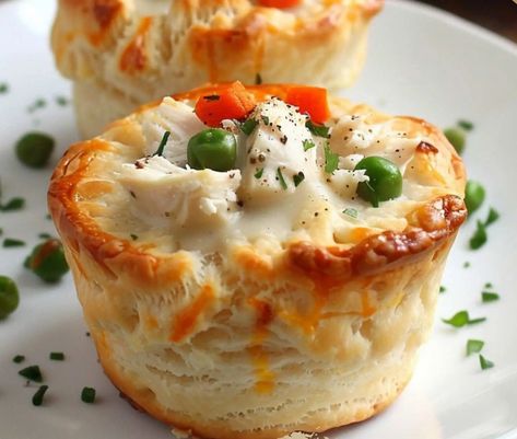 Mini Chicken Pot Pies Muffins (Savory Biscuit-Cup Chicken Pot Pies) Cajun Ranch Sauce, Muffins Savory, Shrimp Boil Foil, Ritz Bits, Mini Pot Pies, Biscuit Cups, Pie Muffins, Chicken Pot Pies, Mini Chicken Pot Pies