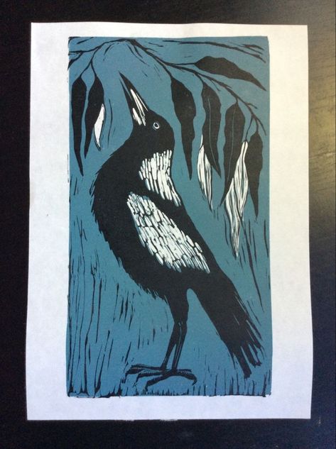 A linocut print made from two hand carved lino blocks. I love hearing the morning song of our local magpies! Australian Magpie, Magpie Art, Two Blocks, Linocut Printmaking, Lino Art, Crow Art, Live Together, Linocut Art, Quirky Art