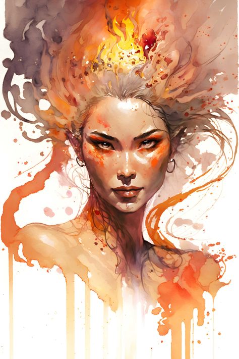 A fire deity, whose hair flows like flames in wild, undulating waves. Elemental Witch Art, Fire Woman Drawing, Flaming Hair Drawing, Fire Woman Art, Flowing Hair Reference, Fire Hair Art, Fire Witch Art, Fire Magic Art, Fire Fairy Art