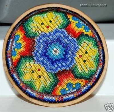 Holes in beads should be visible Huipil Pattern, Plastic Beads Melted, Huichol Beading, Huichol Pattern, Bead Bowl, Painted Skull, Types Of Paint, Beadwork Tutorial, Spanish Club