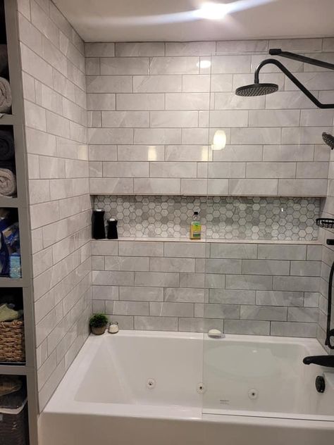 Tub Half Glass Wall, Bathtub Shower Tile Designs, Brick Tile Around Bathtub, Tiled Bathtub Ideas, Subway Tile In Bathtub, Xl Tub Shower Combo, Modern Small Bathroom With Tub, Small Narrow Bathroom Ideas With Tub, Bathroom Remodel Ideas With Bathtub