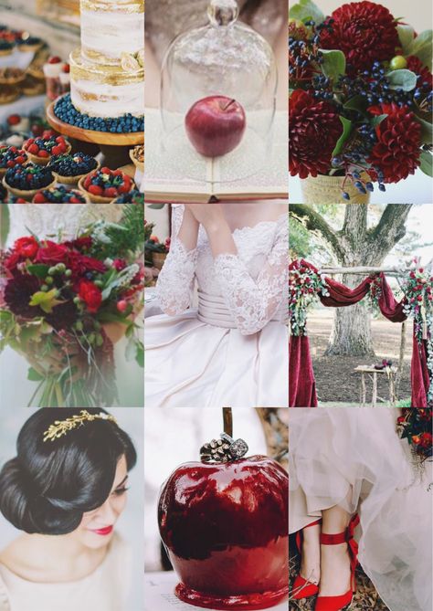 Snow White Wedding princess Disney inspiration aesthetics mood board Snow White Inspired Wedding Dress, Snow White Themed Wedding, Snow White Quinceanera Theme, Snow White Wedding Theme, Snow White Aesthetic, Winter Wedding Aesthetic, Romantic Snow, Indian Wedding Aesthetic, Snow White Wedding