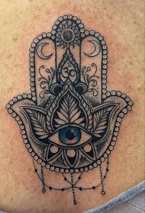 Fatima Hand Tattoo Design, Hamsa Shoulder Tattoos For Women, Hamsa Hand Tattoo Design Spiritual, Spiritual Hamsa Tattoos, Colorful Hamsa Tattoo, Hamsa Tattoo Design, Hamsa Hand Tattoo, Hamsa Tattoo, Buddha Tattoo