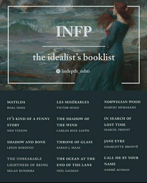 Infp Books To Read, Infp Look Book, Infp Book Recommendation, Infp Movie List, Intj Personality Booklist, Books For Infps, Mbti Booklist, Infp Playlist, Enfp Booklist